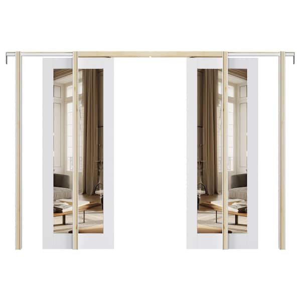 ARK DESIGN 64 in. x 80 in. 1-Lite White Mirrored Glass Primed MDF Wood Pocket Sliding Door with Pocket Door Frame and Hardware Kit