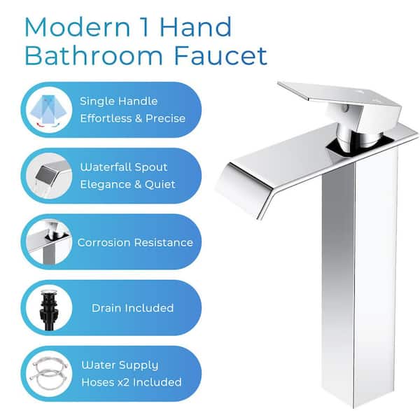 Waterfall Single Handle Vessel Sink Faucet with Pop-Up Drain in Polished Chrome