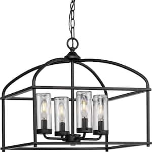 Swansea Collection 4-Light 18 in. Matte Black Transitional Outdoor Chandelier with Clear Glass Shades