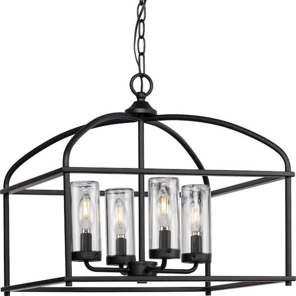 Progress Lighting Swansea Collection 4-Light 18 in. Matte Black Transitional Outdoor Chandelier with Clear Glass Shades