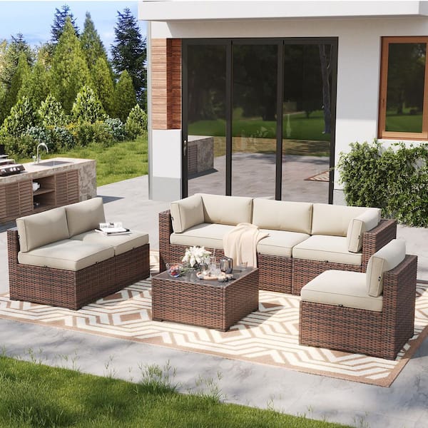 Brown 7-Piece Wicker Rattan Patio Conversation Set with Beige Cushions, Coffee Table and Set Cover