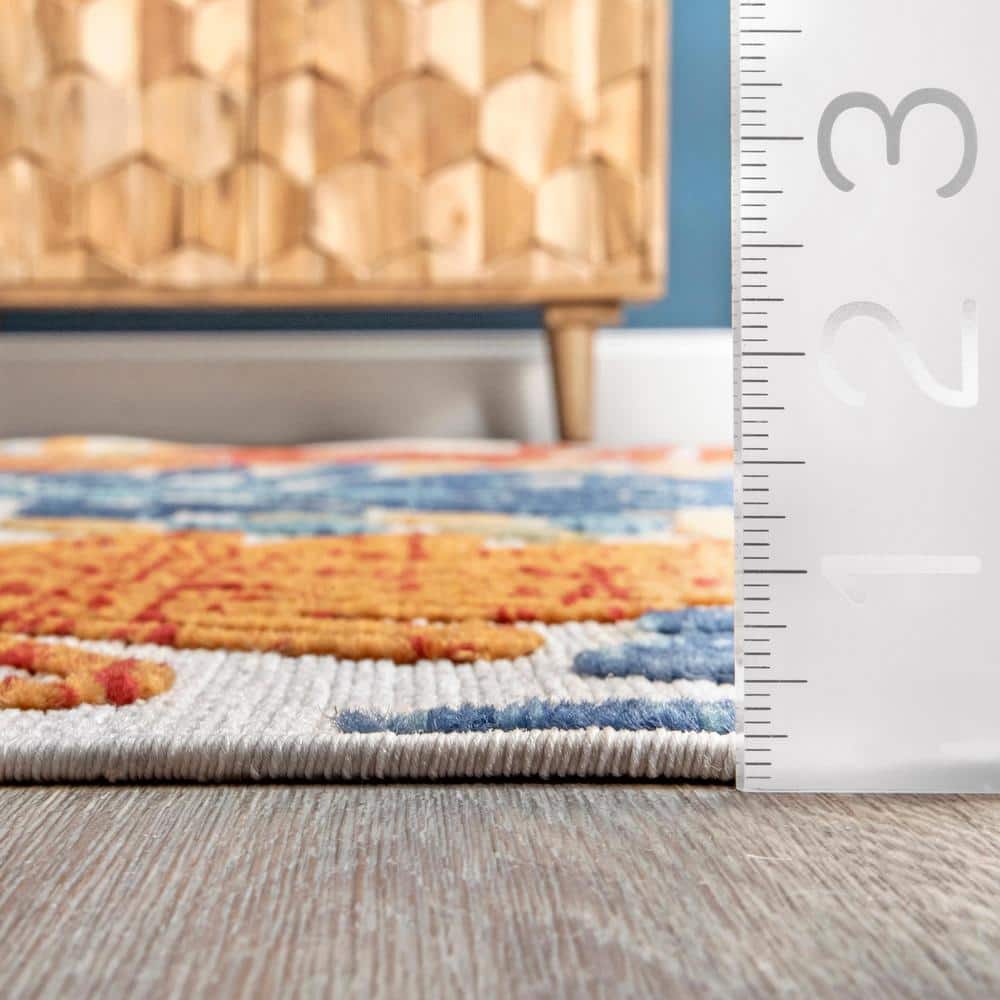 Blue Floral Synthetic Easy Care Runner Rug