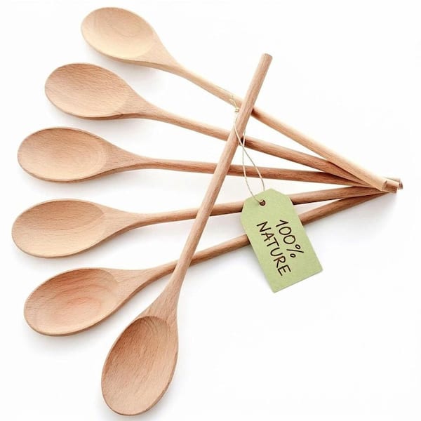 Natural Beech Finish 6-PiecesWooden Spoons Set for Cooking Stirring Baking Tasting Long Handle Kitchen Utensils