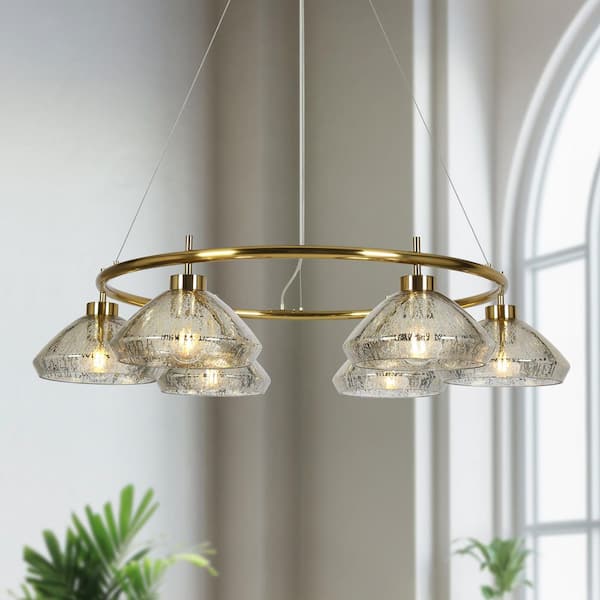 Mid-century Modern 6-light Brass Chandelier for Dining Room, Wagon Wheel Chandelier with Barn Mercury Glass Shade