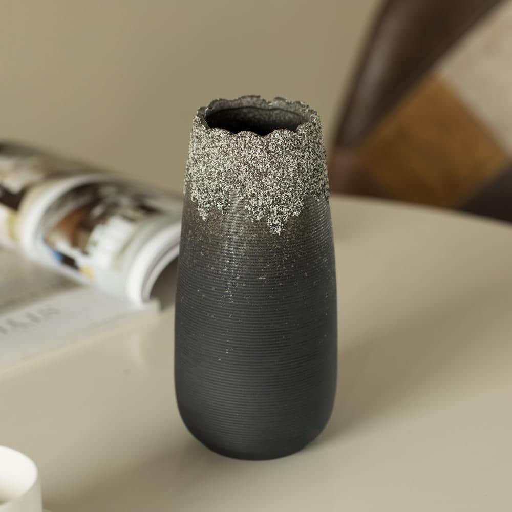 Sleek 8'' Black Ceramic Floor Vase with Dripping Crystal Design