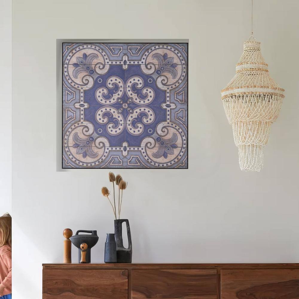 48" Blue and Ivory MDF Floral Mandala Wall Art Tile