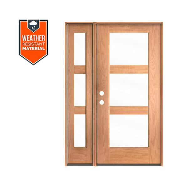 BRIGHTON Modern 50 in. x 79 in. 3-Lite Right-Hand/Inswing Clear Glass Teak Stain Fiberglass Prehung Front Door w/LSL