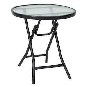 Round Metal Outdoor Bistro Table with Tempered Glass Tabletop