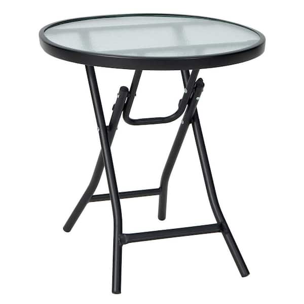 ANGELES HOME Round Metal Outdoor Bistro Table with Tempered Glass Tabletop