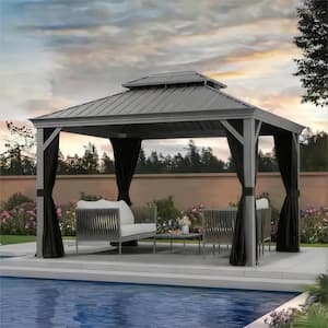 10 ft. x 12 ft. Luxury Aluminum Hardtop Gazebo Canopy for Patio Deck Backyard with Netting, Hooks, Upgrade Curtain