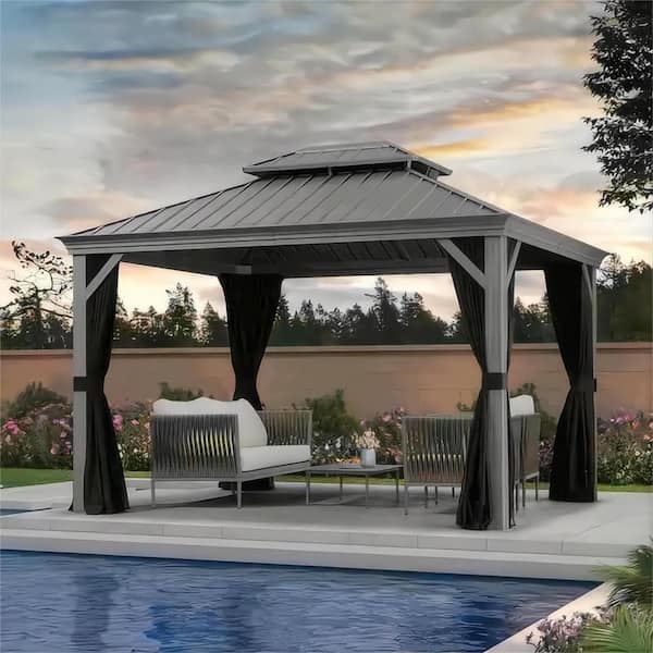 PURPLE LEAF 10 ft. x 12 ft. Luxury Aluminum Hardtop Gazebo Canopy for Patio Deck Backyard with Netting, Hooks, Upgrade Curtain