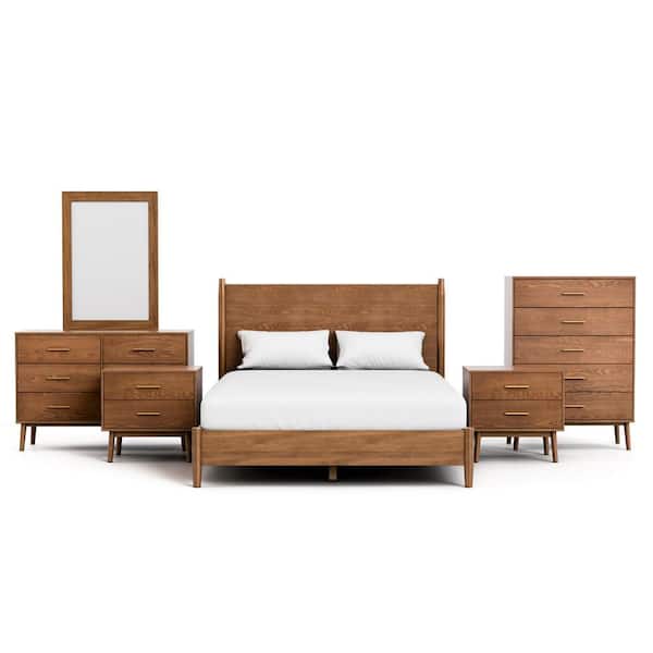 Riverstone 6-Piece Mid Century Modern Walnut Wood Queen Bedroom Set with Anti-Tip Interlock System