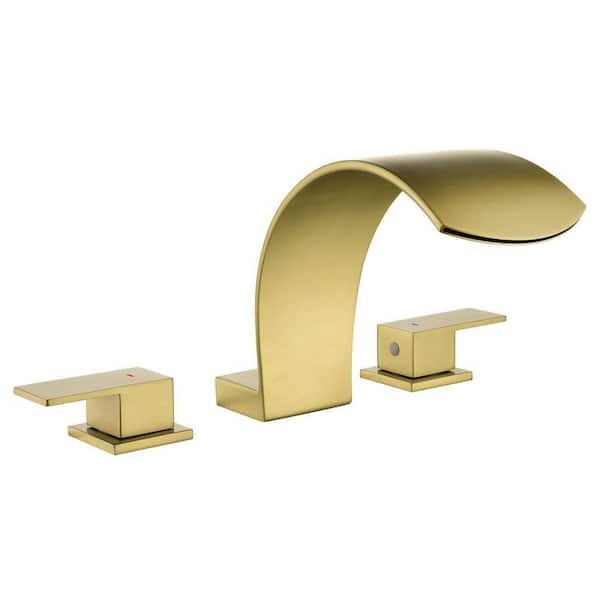 2-Handle Waterfall Deck-Mount Roman Tub Faucet with Valve Modern Brass 3-Hole Bathtub Faucets in Brushed Gold