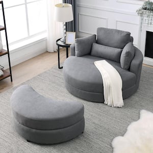 51 in. Swivel Accent Barrel Sofa Linen Fabric Lounge Club Big Round Chair with Storage Ottoman and Pillows, Dark Gray