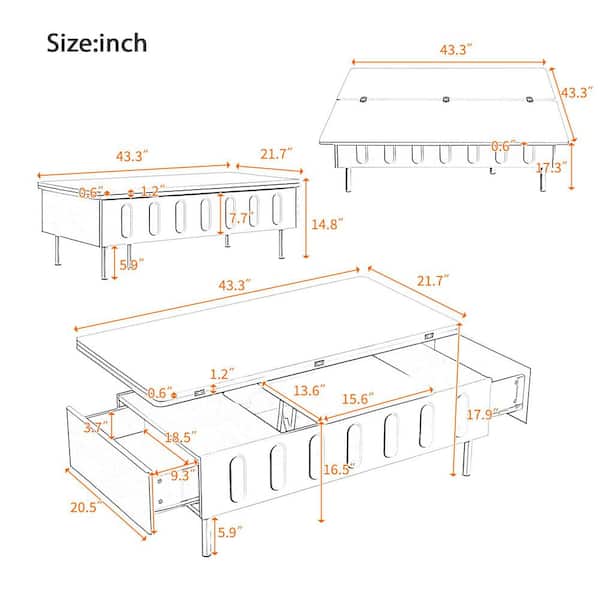 43.3 in. White Rectangle MDF Wood Coffee Table with Hidden Storage Compartment, Drawers and Foldable Top