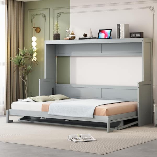 Gray Wood Frame Queen Size Murphy Bed with a Storage Shelf