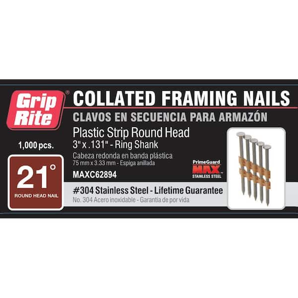 Grip-Rite 3 in. x 0.131 in. 21° 304 Stainless Steel Plastic Round Head Ring Shank Framing Nail (1,000 per Box)