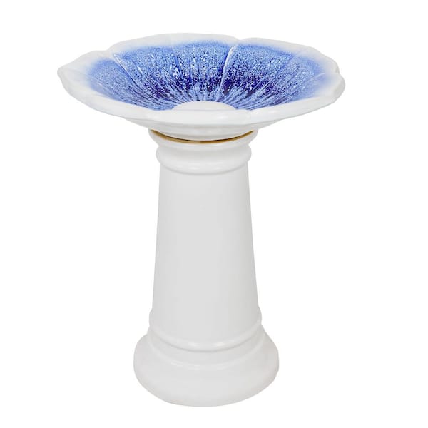 Misty Blossom Ceramic Outdoor Bird Bath-White and Blue