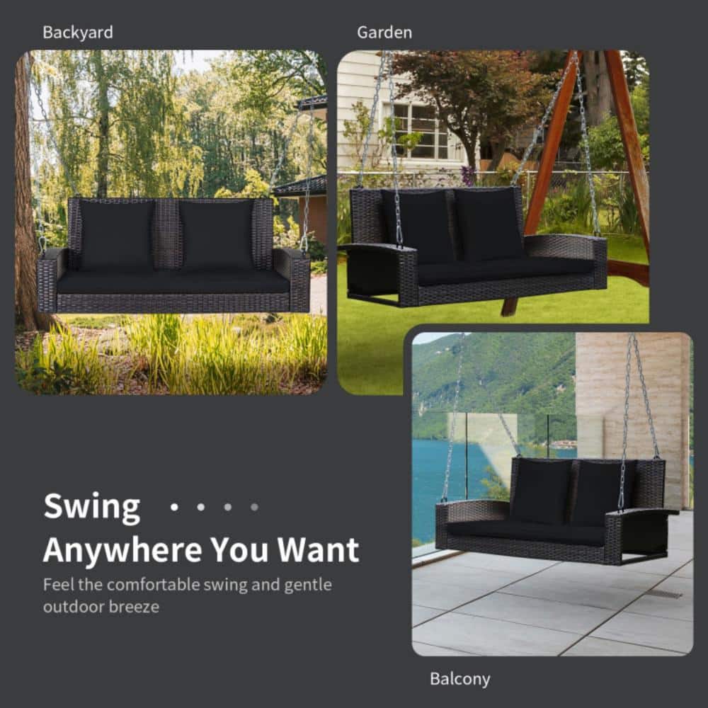 Black Wicker 2-Person Patio Swing with Cushions