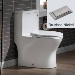 Reo 1-Piece 1.1/ 1.6 GPF Dual Flush Round Toilet in White with Seat Included and Brushed Nickel Flush Button