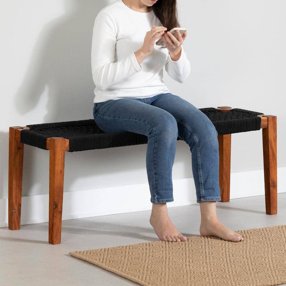 Black and Natural Wood Entryway Bench with Woven Seat