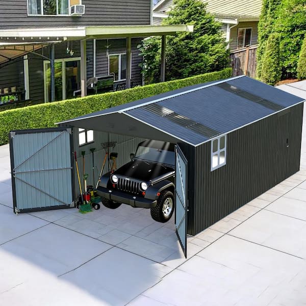 13 ft. W x 20 ft. D Gray Metal Outdoor Garage Shed with Windows Skylight Panels and Double Lockable Doors (260 sq. ft.)