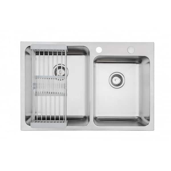 eModernDecor Topmount Drop-In 18G Stainless Steel 33 in. 2 Hole 60/40 Double Bowl Kitchen Sink w/ Collapsible DishRack & 2 Strainers