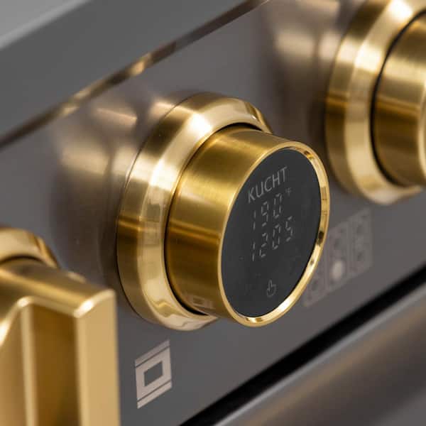 36 in. 5.2 cu. ft. 6-Burners Dual Fuel Range for Natural Gas in Titanium and Gold Plus Wall Mount Range Hood