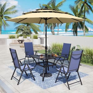 Black 6-Piece Metal Patio Outdoor Dining Set with Blue Folding Reclining Sling Chairs and Beige Umbrella