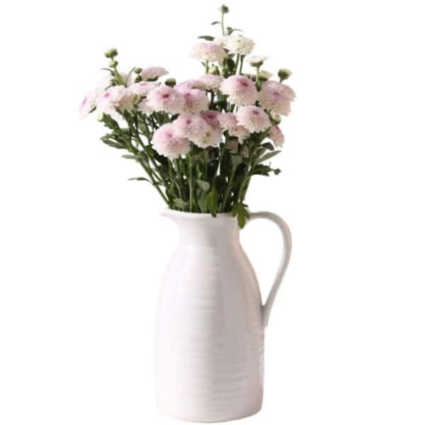Farmhouse Pitcher Vase for Flowers, Ceramic Pitcher Vase White