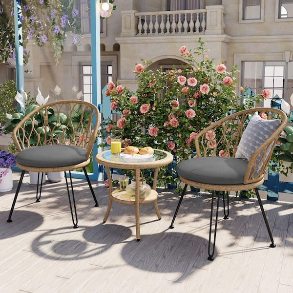Zeus & Ruta 3-Piece Patio Wicker Outdoor Bistro Yellow Rattan Chair and Glass Table Set with Gray Cushions