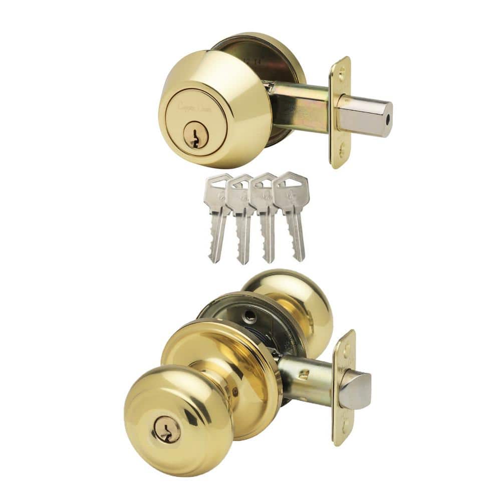 Colonial Polished Brass Entry Door Knob and Deadbolt Set