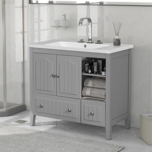 FAMYYT 36 in. W x 18 in. D x 32 in. H Freestanding Bath Vanity in Gray with White Ceramic Top and White Sink