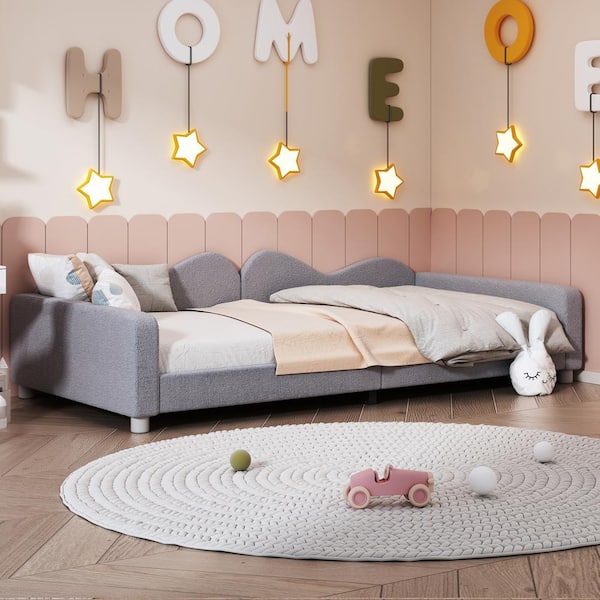 Gray Wood Frame Twin Size Upholstered Platform Bed with Cloud-Shaped Backrest, No Box-spring Needed