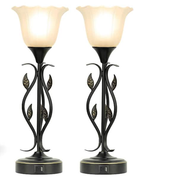 Basdien 20 in Black Classic 2 LED Dimmable Touch Table Lamp with Leaf Flower Design and Dual USB Port. Glass Shade