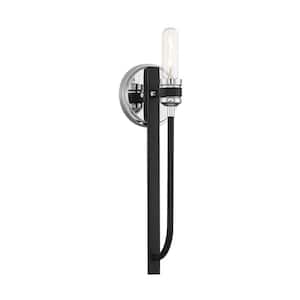 Kenyon 5 in. W x 16.5 in. H 1-Light Matte Black with Polished Chrome Accents Wall Sconce with Exposed Bulb