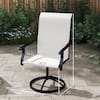A single white and black swivel outdoor dining chair with dimension measurements overlaid.