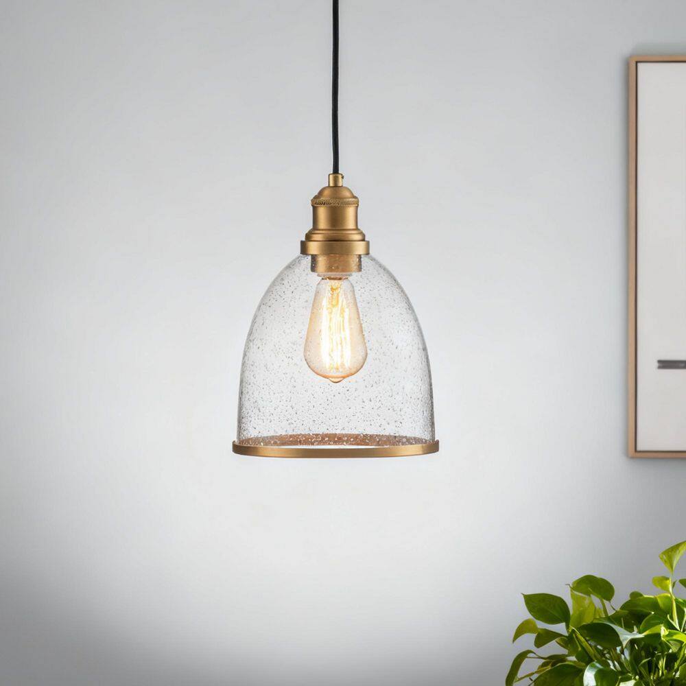 Sol 8.3 in. W 1-Light Mini Brass Pendant Light with Seeded Glass Shades Industrial Modern Hanging Light for Bedroom price history on PriceWatchPro
