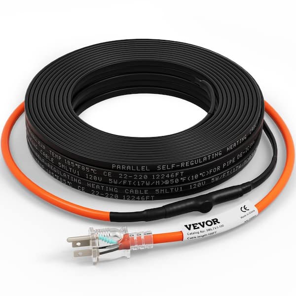 VEVOR 100ft. Pipe Heat Cable 5W/ft. Self-Regulating Heat Tape IP68 110V with Build-in Thermostat for PVC Metal Plastic Hose