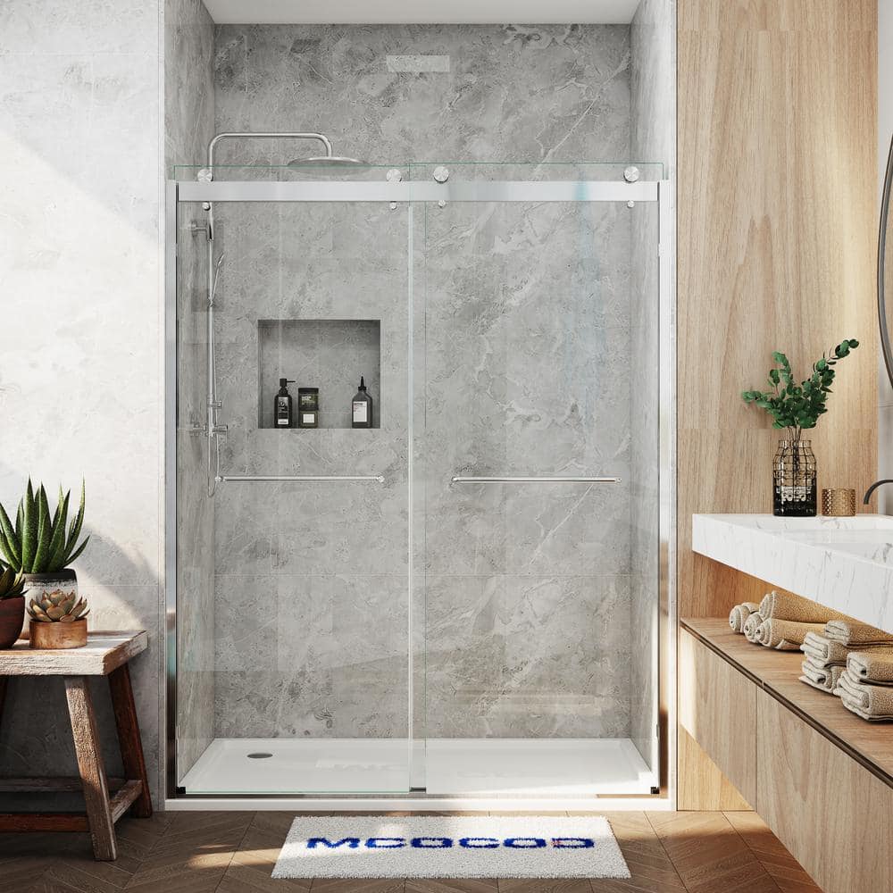 MCOCOD 60 in. W x 76 in. H Double Sliding Semi-Frameless Shower Door in Brushed Nickel with Smooth Sliding and 3/8 in. Glass