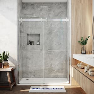 60 in. W x 76 in. H Double Sliding Semi-Frameless Shower Door in Brushed Nickel with Smooth Sliding and 3/8 in. Glass