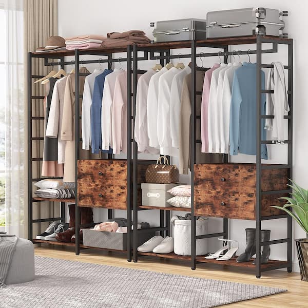 Extra Tall 47 Inches Double Rod Closet Shelf Freestanding 3 Shelves Clothes Clothing Garment Racks - Brown&Black