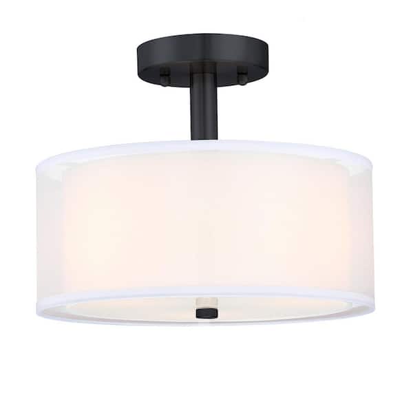 3-Light 11-in Matte Black Semi Flush Mount Light With Fabric Shade