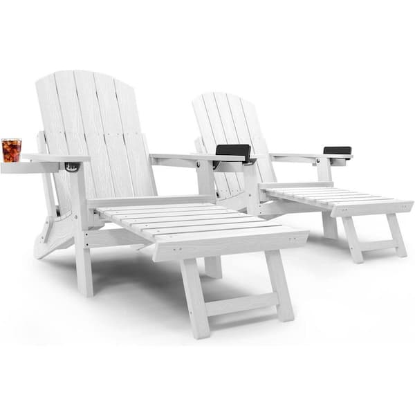 Mximu White Outdoor Folding Adirondack Chair with Integrated Pullout Ottoman and Cup Holder (2-Pack)