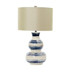 m.r. Lamp and Shade's 28 in. White Striped Ceramic Table Lamp with Navy Brushstrokes