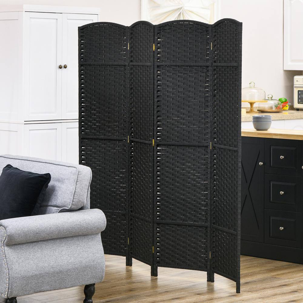 Black 4-Panel Folding Privacy Screen with Pine Wood Frame