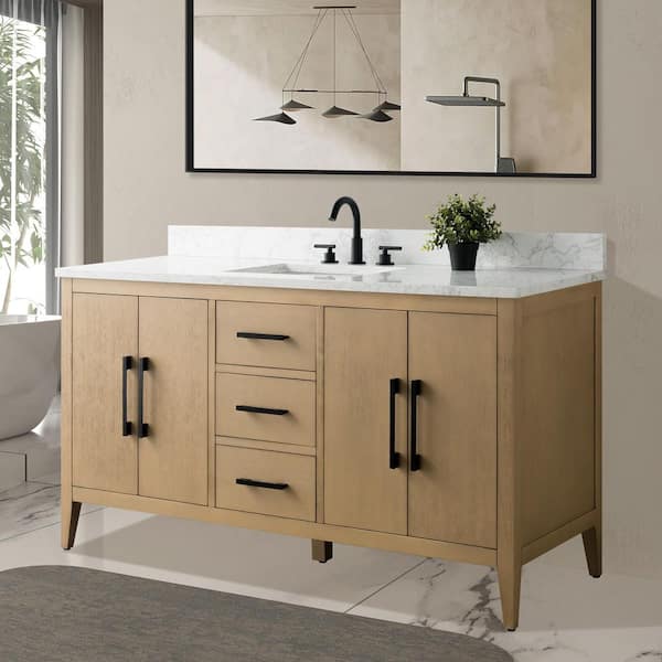 60 in. W x 22 in. D x 34 in. H Single-Sink Bathroom Vanity in Natural Oak with Engineered Marble Top in Arabescato White