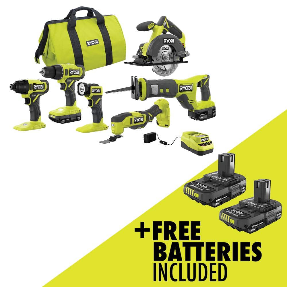 RYOBI ONE+ 18V Cordless 6-Tool Combo Kit with 1.5 Ah Battery, 4.0 Ah Battery,  Charger, and FREE 2.0 Ah Battery (2-Pack) PCL1600K2-PBP2006 The Home Depot