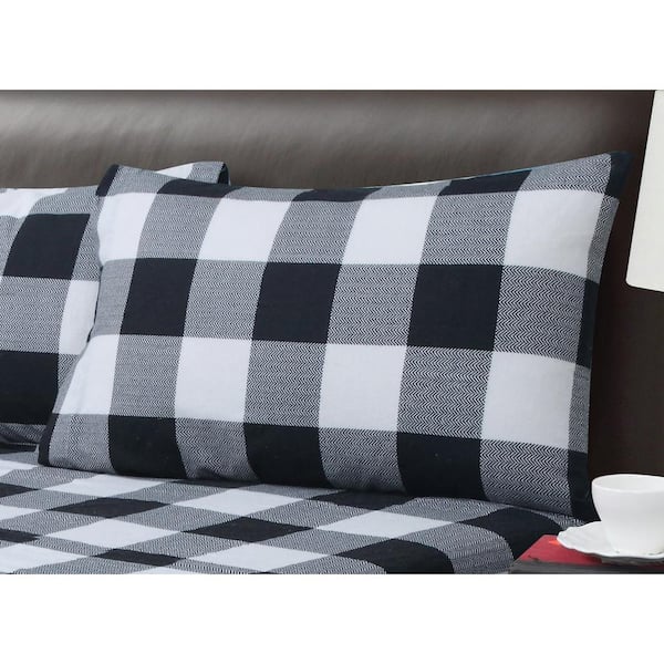 Dresden Buffalo Plaid 4-piece Black/White Cotton Flannel Queen Sheet Set
