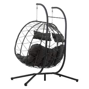 2-Person Wicker Egg Chair Porch Swing with Blue Dark Gray Cushion and Stand